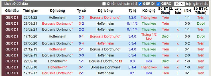 Lịch sử đối đầu Dortmund vs Hoffenheim